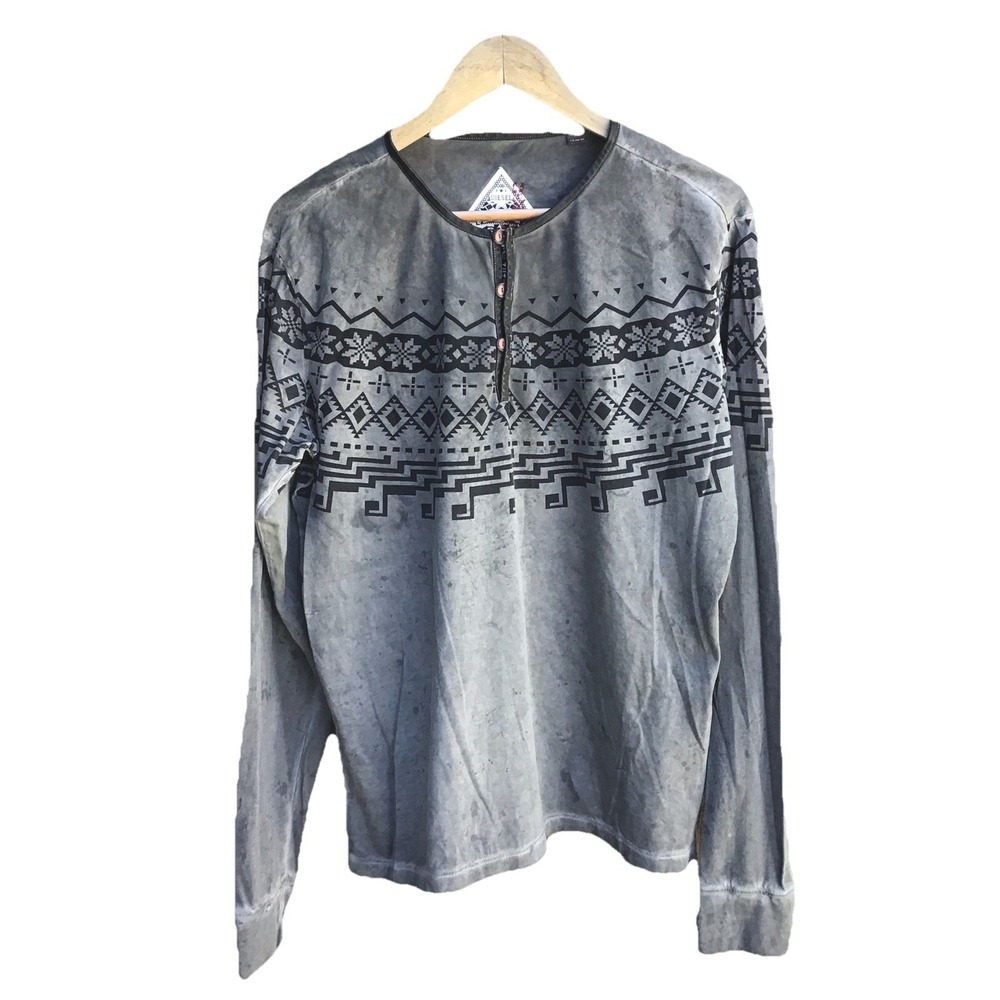 Diesel Tribal Aztec Print Long Sleeve Henley Shirt Men's XL Gray Acid Wash